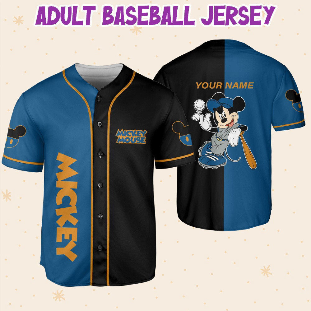 Custom Mickey Baseball Jersey - Personalize Blue Black Outfit for Kids Youth & Adults 3D Disney Baseball Gift - Bafud