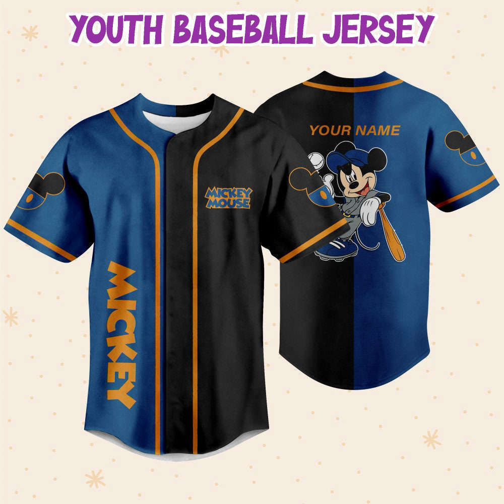 Custom Mickey Baseball Jersey - Personalize Blue Black Outfit for Kids Youth & Adults 3D Disney Baseball Gift - Bafud