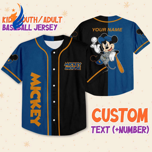 Custom Mickey Baseball Jersey - Personalize Blue Black Outfit for Kids Youth & Adults 3D Disney Baseball Gift - Bafud