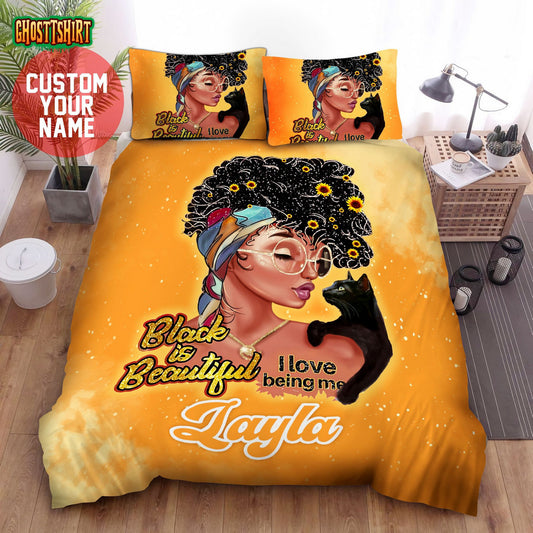 Personalized Black Girl Sunflower Black Cat Lover Bed Sheets Duvet Cover Bedding Set