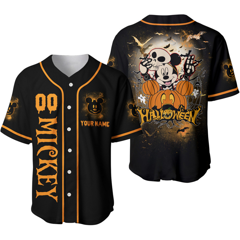 Spooktacular Personalized Mickey Mouse Pumpkin Halloween Baseball Jersey Shirt - Customizable & Unique! - Bafud