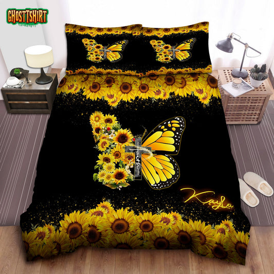 Personalized Sunflower And Butterfly Faith In God Black Bedding Set