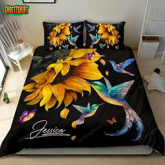 Personalized Sunflower Hummingbird Custom Name Duvet Cover Bedding Set