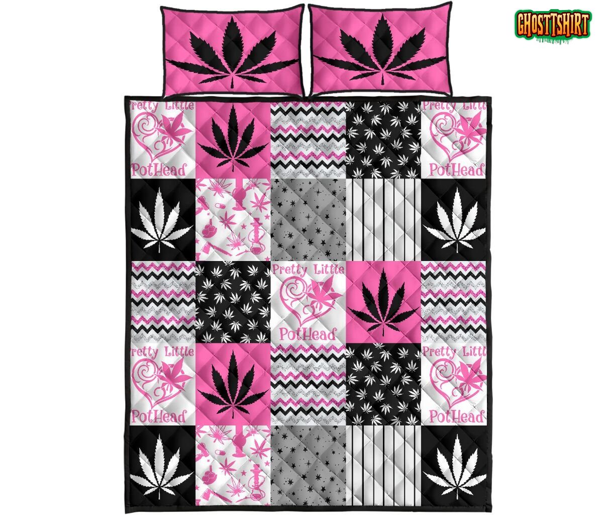 Pink And White Marijuana Weed Cannabis Bedding Set