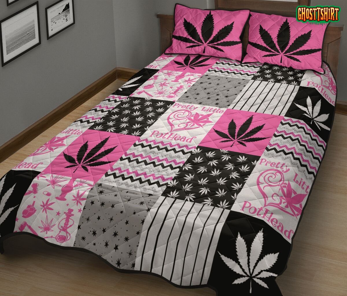Pink And White Marijuana Weed Cannabis Bedding Set