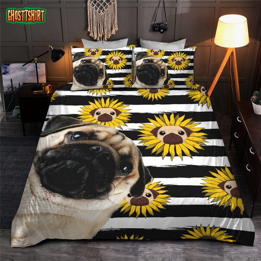 Pug Sunflower Bed Sheets Duvet Cover Bedding Set