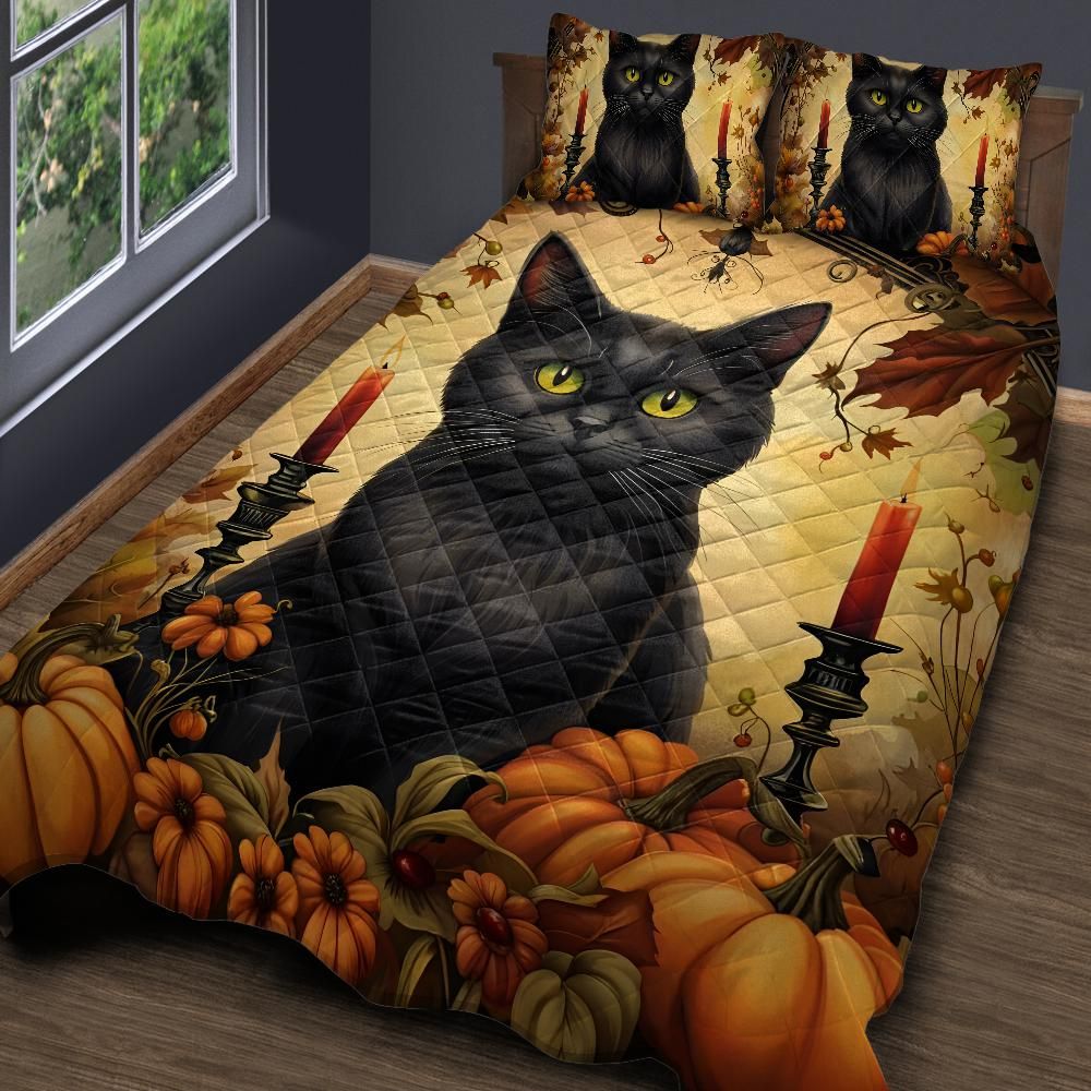 Personalized  Halloween Black Cat Quilt Bedding Set 3-Pc for Spooky Home Decor