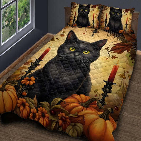 Personalized  Halloween Black Cat Quilt Bedding Set 3-Pc for Spooky Home Decor