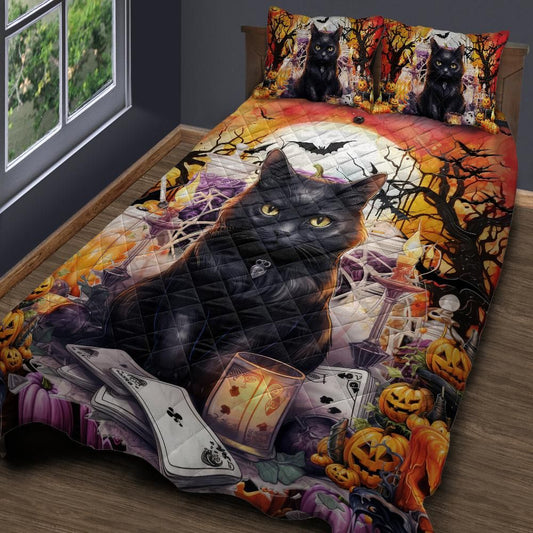 Personalized  Gothic Black Cat Witchy Quilt Bedding Set 3-Pc for Halloween