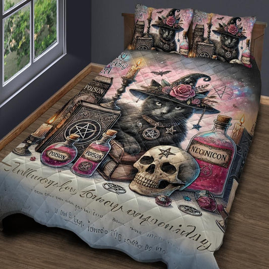 Personalized  Wicca Black Cat Witchcraft Quilt Bedding Set 3-Pc for Gothic Halloween