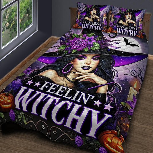 Personalized  Feeling Witchy Gothic Quilt Bedding Set 3-Pc for Halloween Home Decor
