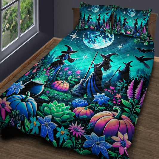 Personalized  Moonlit Witch Quilt Bedding Set 3-Pc for Halloween, Yule
