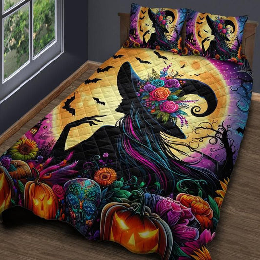 Personalized  Moon Witch Quilt Bedding Set 3-Pc Halloween Home Decor