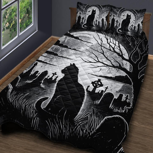 Personalized  Gothic Graves and Black Cat Quilt Bedding Set 3-Pc for Halloween