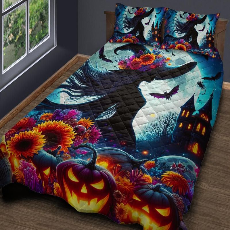 Personalized  Dark Witch and Halloween Castle Quilt Bedding Set 3-Pc
