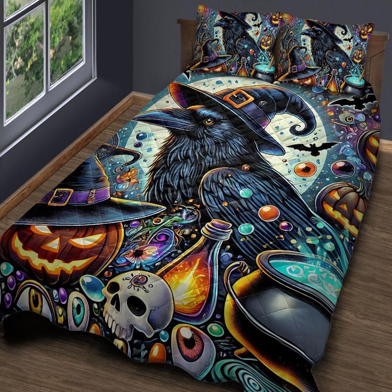 Personalized  Gothic Crow Witchy Raven Halloween Quilt Bedding Set 3-Pc