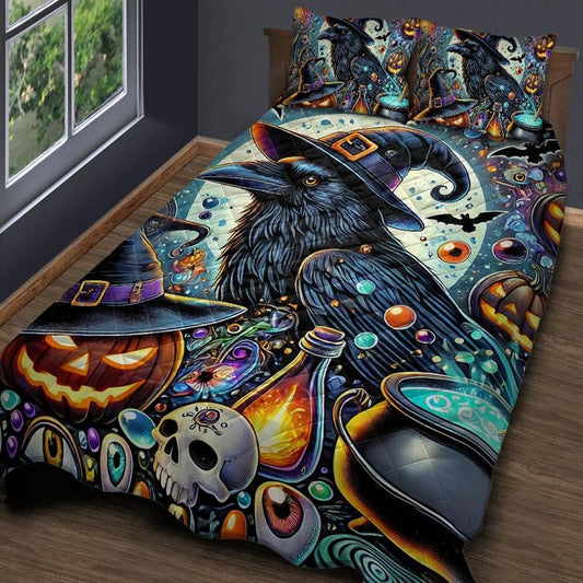 Personalized  Gothic Crow Witchy Raven Halloween Quilt Bedding Set 3-Pc