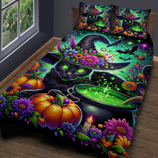 Personalized  Witchy Cauldron Black Cat Halloween Quilt Bedding Set 3-Pc
