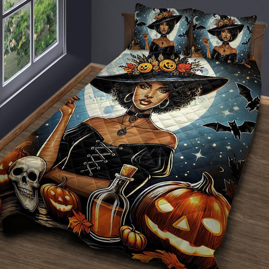 Personalized  Halloween Moon Witch Quilt Bedding Set 3-Pc for Witchcraft Home Decor