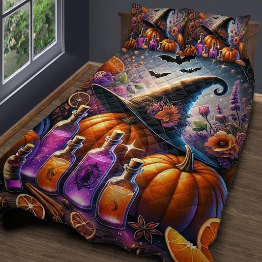 Personalized  Witchy Pumpkin Quilt Bedding Set 3-Pc for Halloween