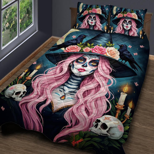 Personalized  Gothic Skull Witch and Black Raven Halloween Quilt Bedding Set 3-Pc