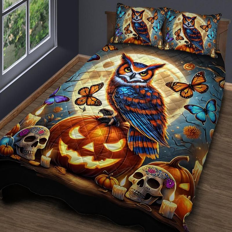 Personalized  Moon Owl Witchy Quilt Bedding Set 3-Pc for Halloween