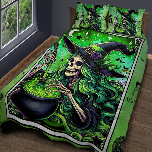 Personalized  Green Tarot Skelaton Witch Quilt Bedding Set 3-Pc for Halloween Decor