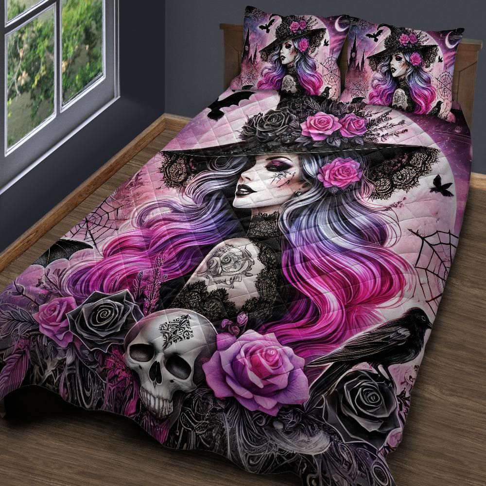 Personalized  Gothic Skull Raven Witch Quilt Bedding Set 3-Pc for Halloween Home Decor
