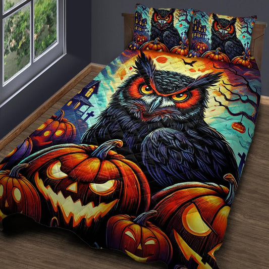 Personalized  Pumpkin Halloween Owl Quilt Bedding Set 3-Pc for Spooky Home Decor