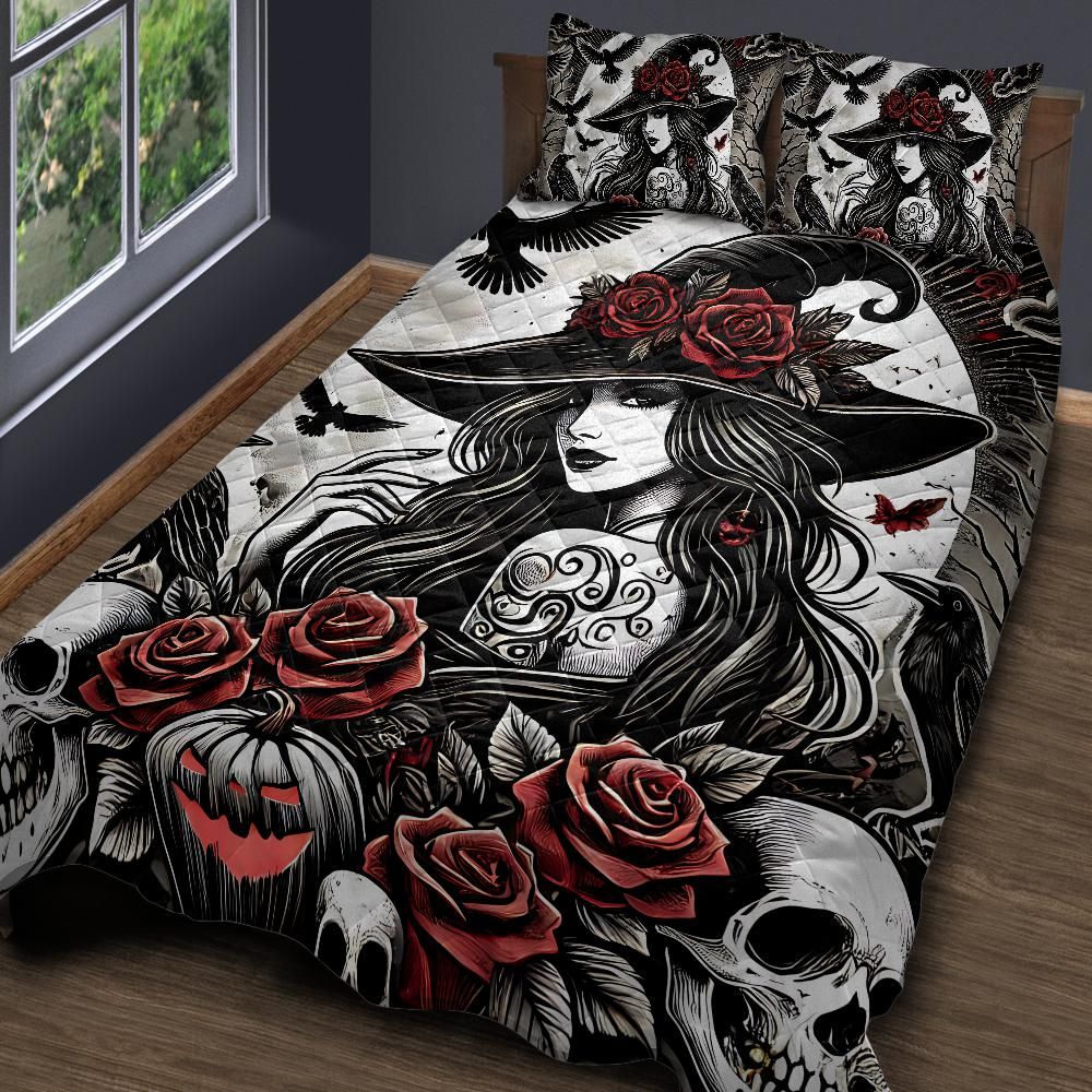 Personalized  Witchy Raven and Gothic Witch Quilt Bedding Set 3-Pc for Halloween
