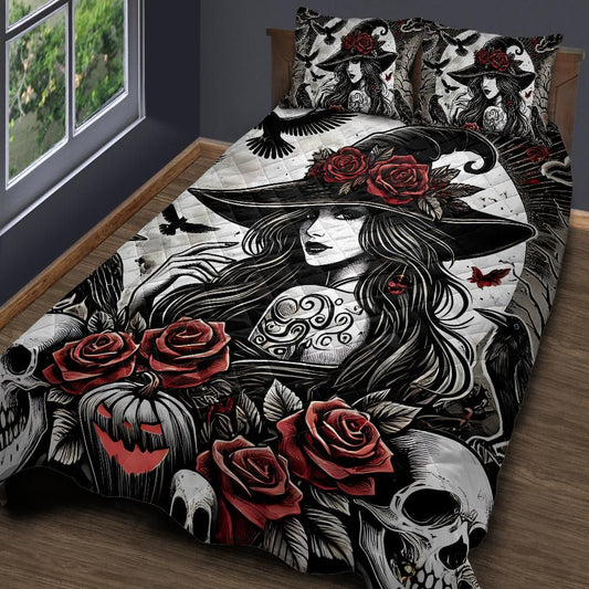 Personalized  Witchy Raven and Gothic Witch Quilt Bedding Set 3-Pc for Halloween