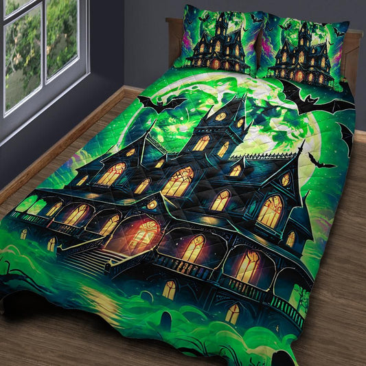 Personalized  Moon Haunted House Gothic Quilt Bedding Set 3-Pc for Halloween