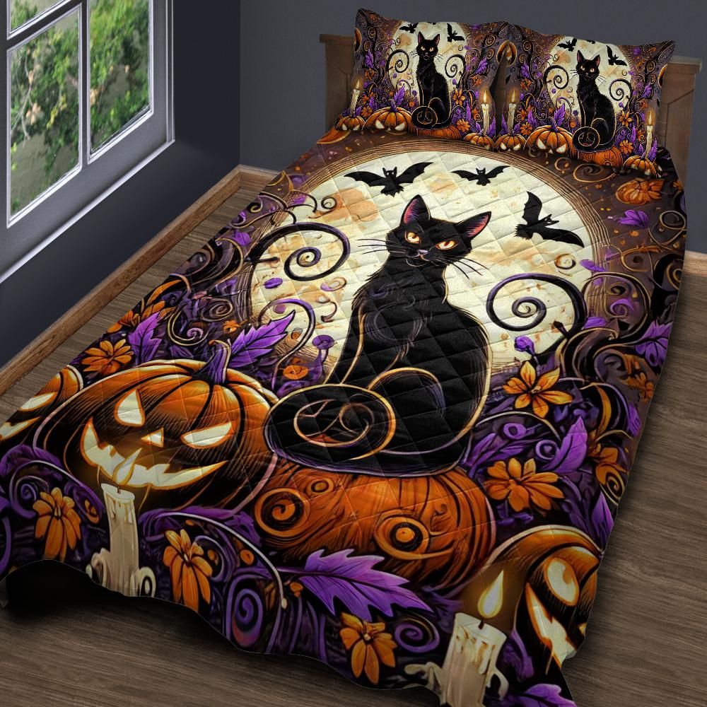 Personalized  Spooky Black Cat Halloween Quilt Bedding Set 3-Pc
