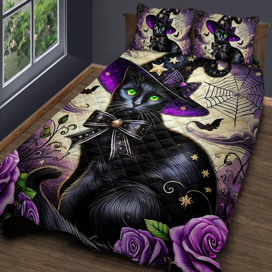 Personalized  Witchy Black Cat Quilt Bedding Set 3-Pc for Halloween
