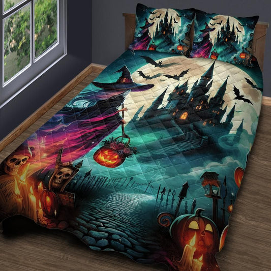 Personalized  Halloween Castle and Gothic Witch Quilt Bedding Set 3-Pc