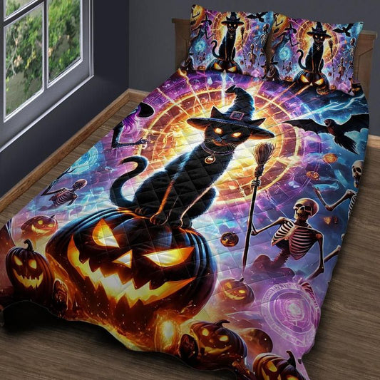 Personalized  Witchy Black Cat Gothic Quilt Bedding Set 3-Pc for Halloween