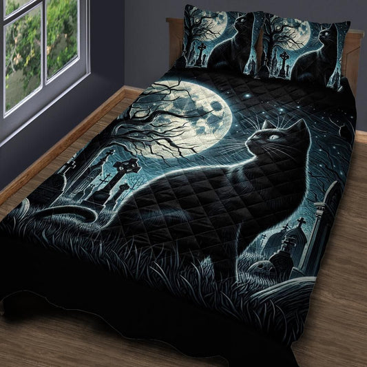Personalized  Moonlit Black Cat Gothic Quilt Bedding Set 3-Pc for Halloween