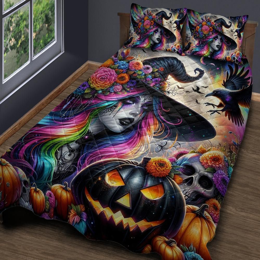 Personalized  Halloween Pumpkin Gothic Witch Quilt Bedding Set 3-Pc
