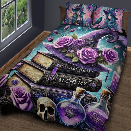 Personalized  Gothic Spellbook Witchy Quilt Bedding Set 3-Pc for Halloween Home Decor
