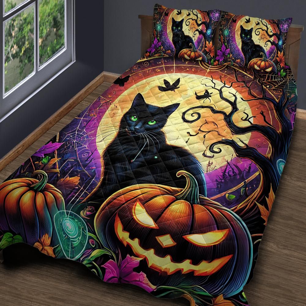 Personalized  Pumpkin Halloween Black Cat Gothic Quilt Bedding Set 3-Pc Witchy Decor