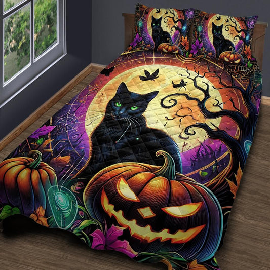 Personalized  Pumpkin Halloween Black Cat Gothic Quilt Bedding Set 3-Pc Witchy Decor