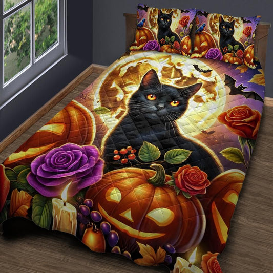 Personalized  Pumpkin Halloween Black Cat Quilt Bedding Set 3-Pc for Spooky Home Decor