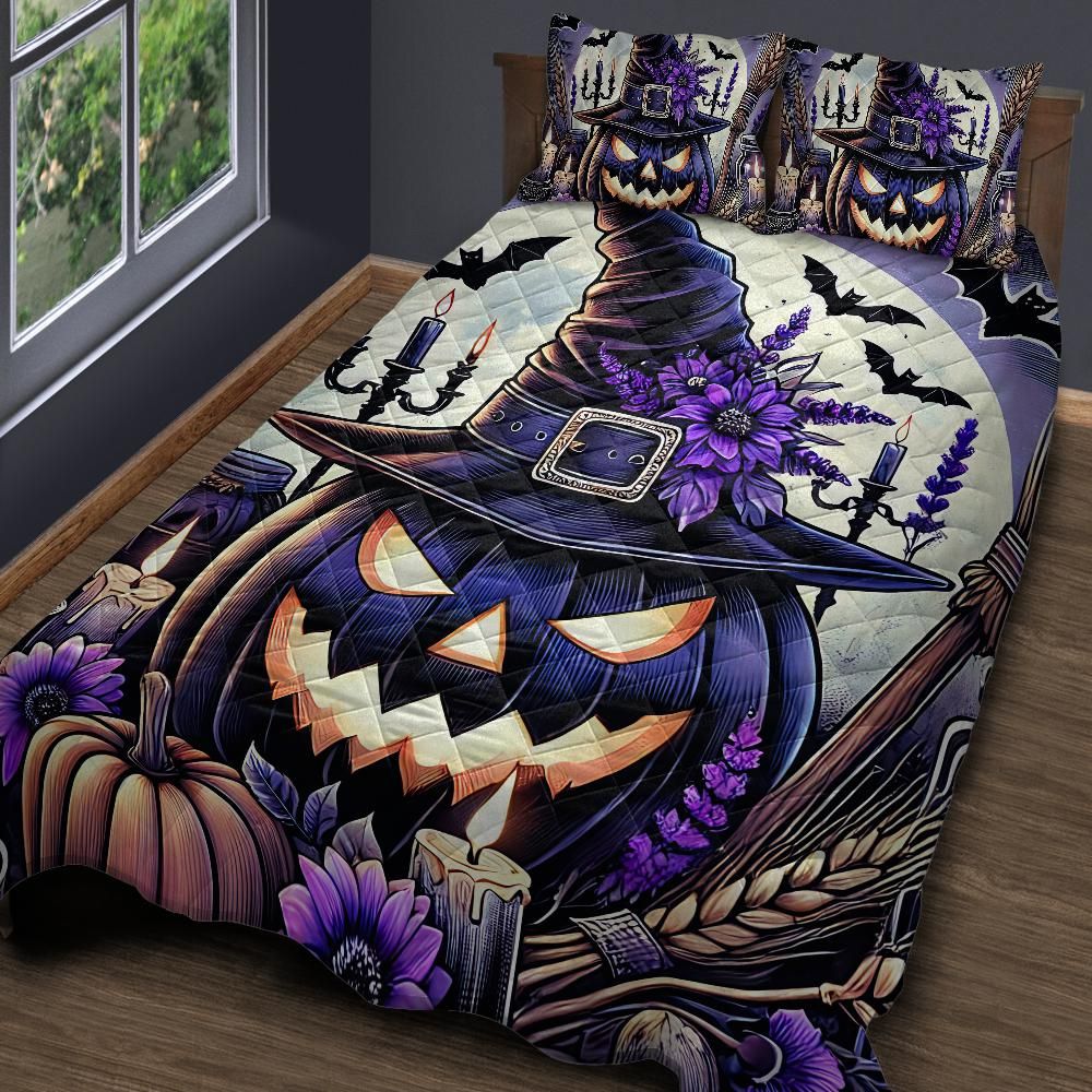 Personalized  Halloween Pumpkin Witchy Quilt Bedding Set 3-Pc