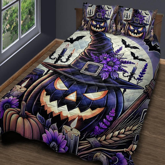 Personalized  Halloween Pumpkin Witchy Quilt Bedding Set 3-Pc