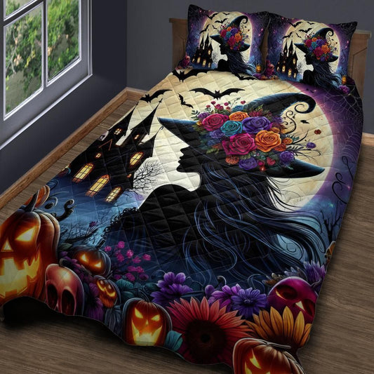 Personalized  Moonlit Witch Gothic Quilt Bedding Set 3-Pc for Halloween