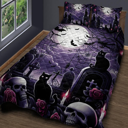 Personalized  Gothic Graves and Black Cat Halloween Quilt Bedding Set 3-Pc