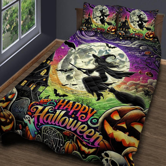 Personalized  Happy Halloween Flying Witch Quilt Bedding Set 3-Pc for Spooky Home Decor