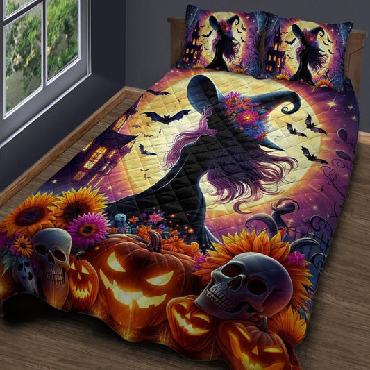 Personalized  Moonlit Witch Gothic Castle Quilt Bedding Set 3-Pc for Halloween