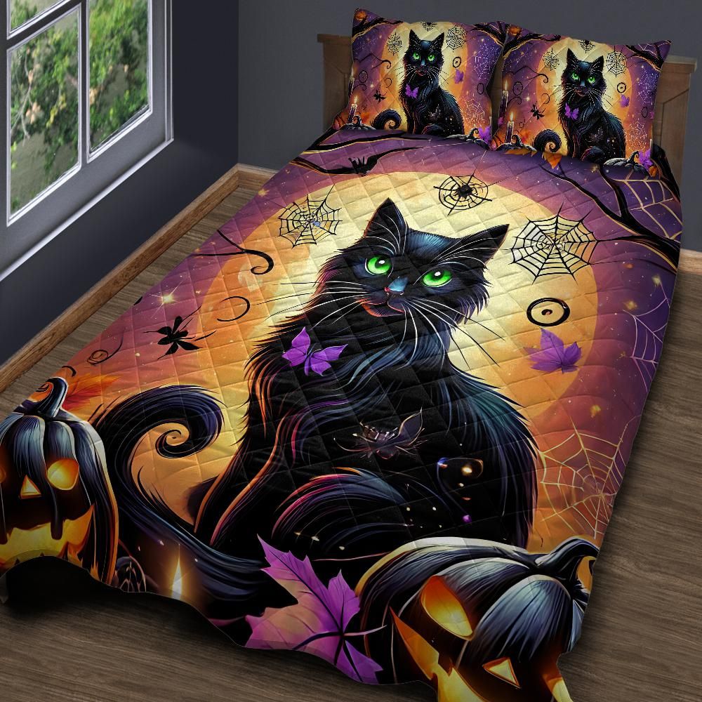 Personalized  Pumpkin Halloween Black Cat Witchy Quilt Bedding Set 3-Pc