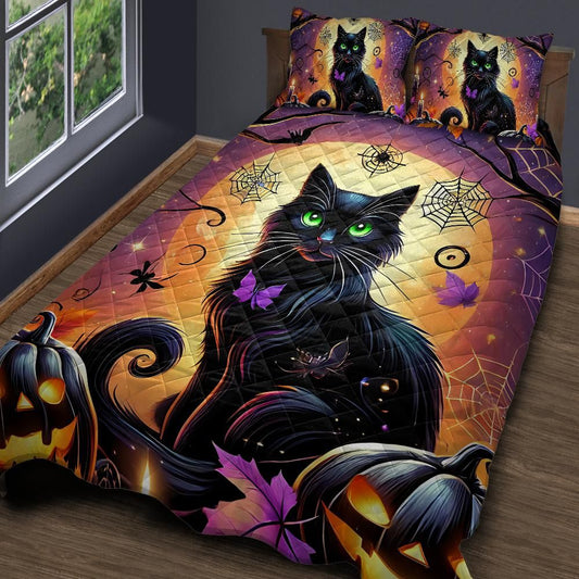 Personalized  Pumpkin Halloween Black Cat Witchy Quilt Bedding Set 3-Pc